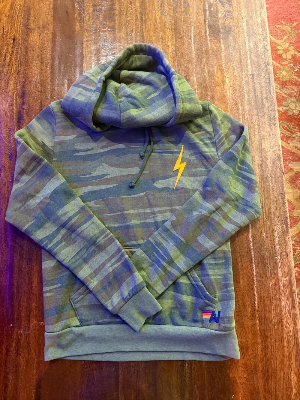 Aviator Nation Green Camo Hoodie with Yellow Lightning Bolt. NWOT